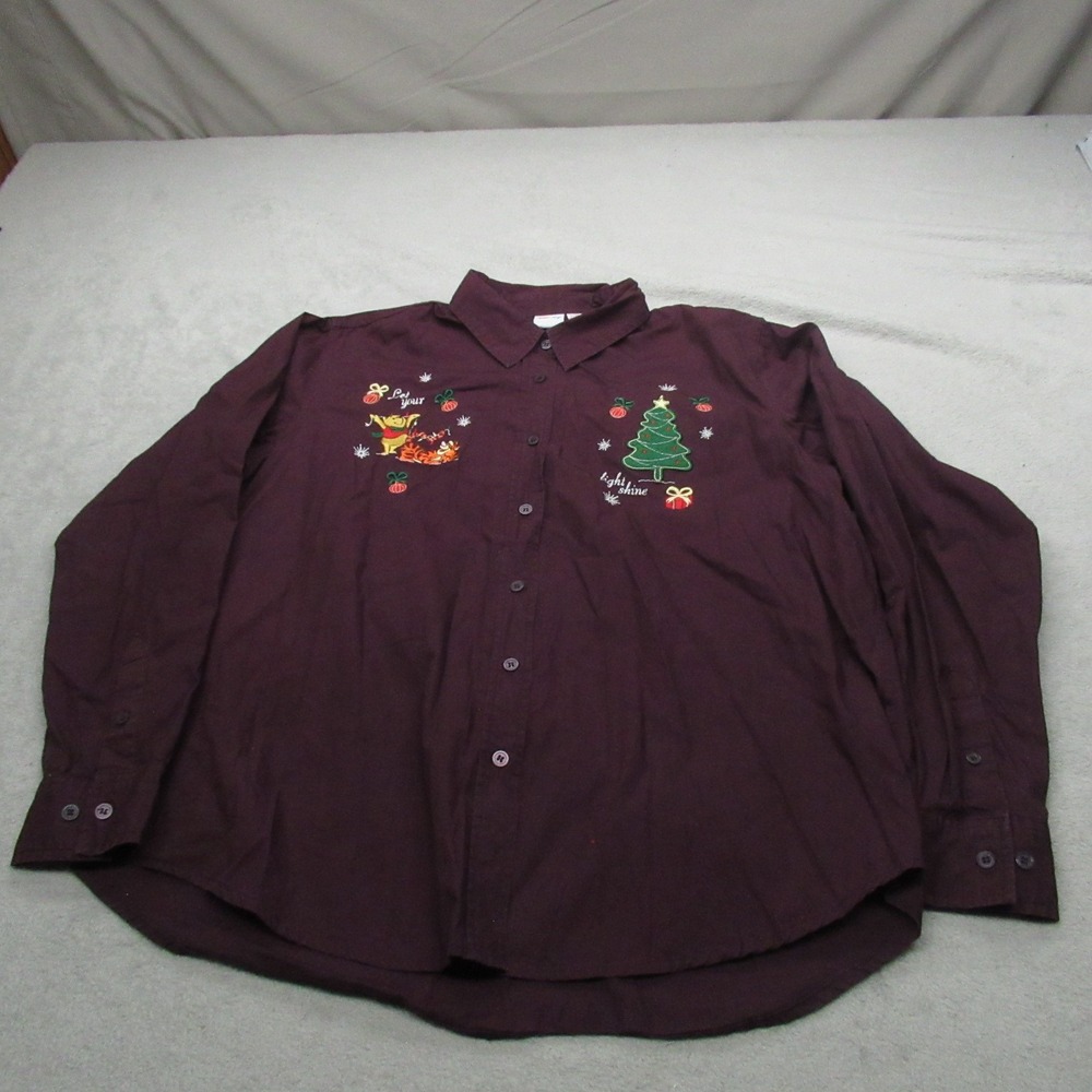 Disney Shirt Women XL Purple Button Down Winnie Pooh Tigger Holiday Classic VTG